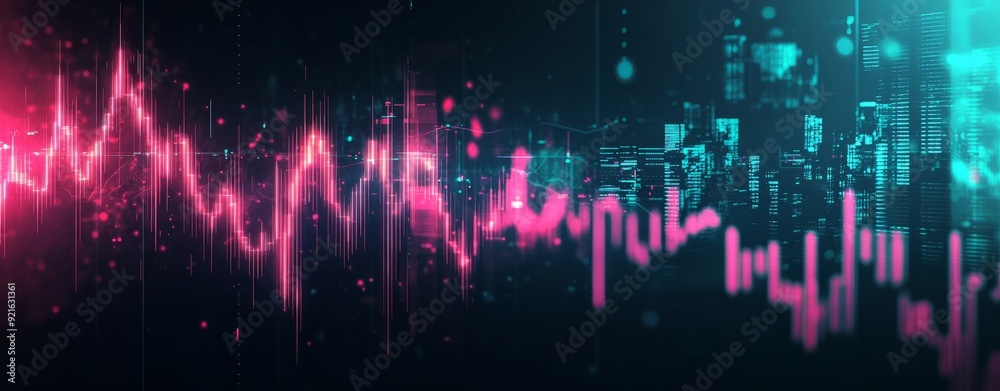 A stock market candlestick chart with pink and teal colors on a dark background, depicting a stock trading concept. A stock market candlestick chart with pink and teal colors on a dark background, depicting a stock trading concept.