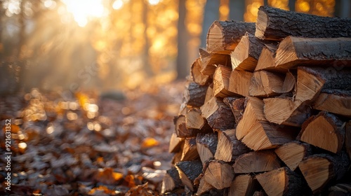 Stack of chopped firewood in a sunlit autumn forest