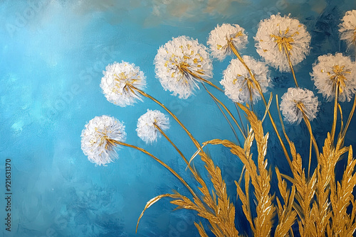 Floral Gold Foil Dandelions on blue Background Oil Painting
