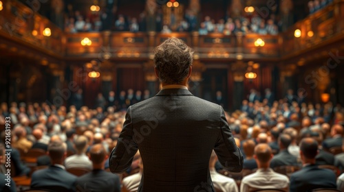 A speaker addresses a large audience in a historic theater during a public event