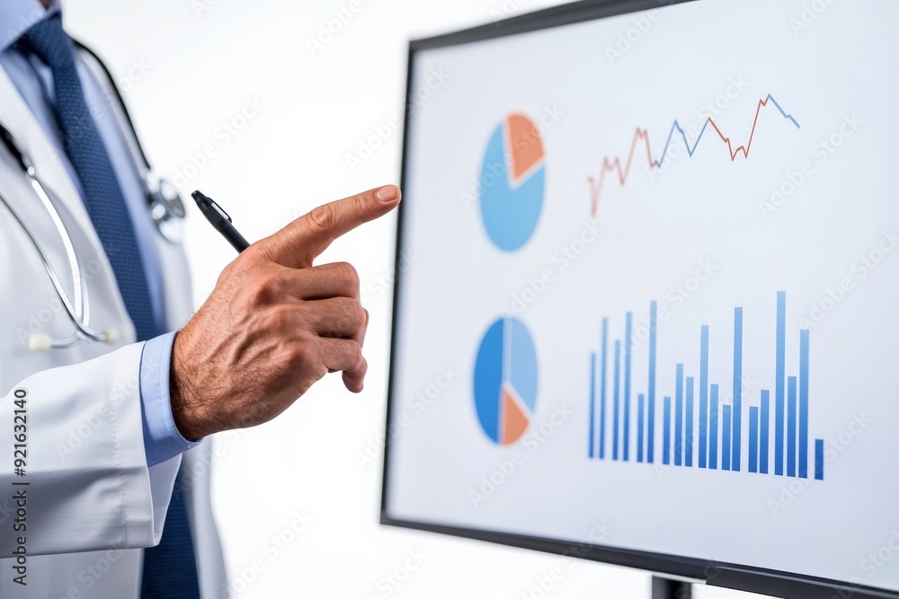 Close-up of doctor analyzing data on a monitor with charts and graphs. Medical professional reviewing statistics and research information. Close-up of doctor analyzing data on a monitor with charts and graphs. Medical professional reviewing statistics and research information.