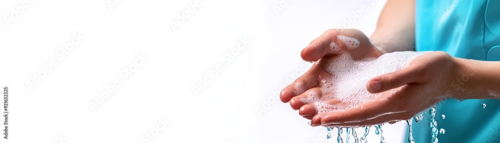 Fototapeta premium Close-up of hands lathering soap with water for hygiene and cleanliness on white background with blue shirt. Emphasizes importance of handwashing.