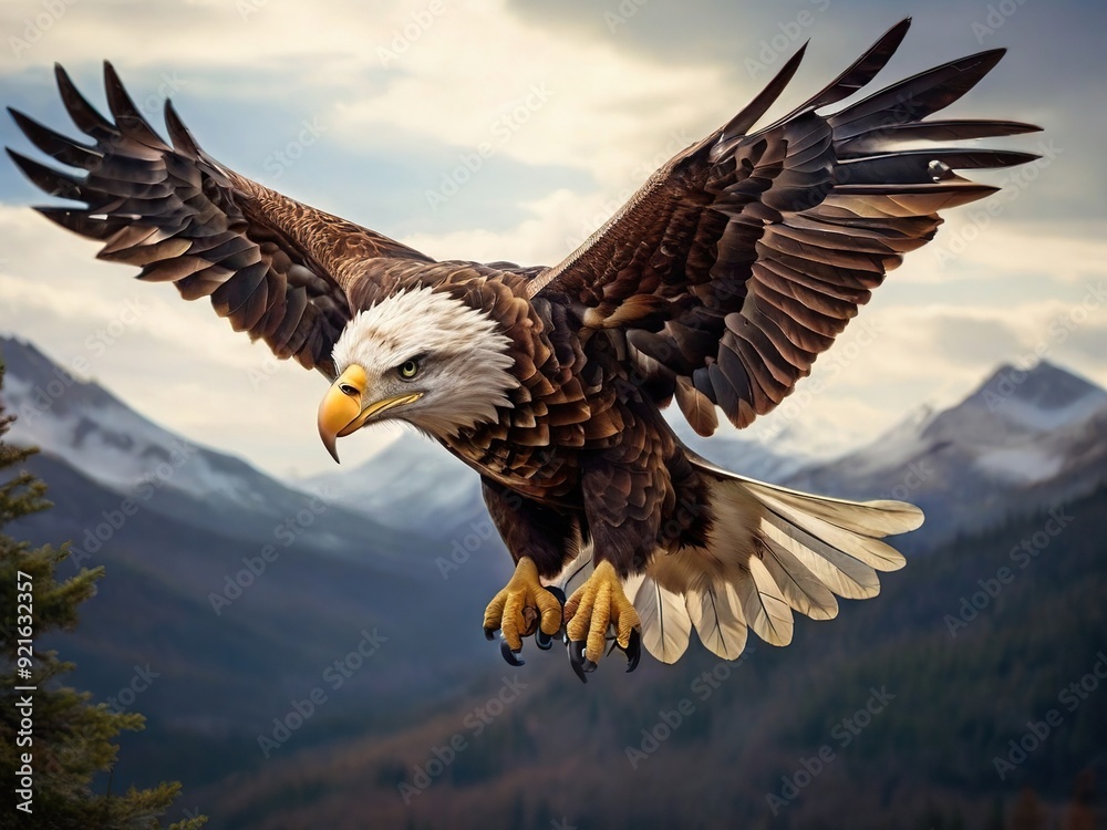 A close-up of a white-headed eagle hunting over the high mountains A close-up of a white-headed eagle hunting over the high mountains