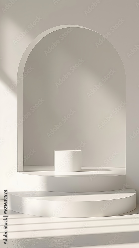 Soft shadows create a serene atmosphere in a minimalist display area with curved structures Soft shadows create a serene atmosphere in a minimalist display area with curved structures