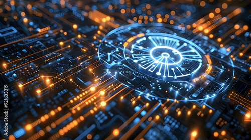 Wallpaper Mural 3D Render of a Futuristic Circuit Board with Glowing Blue and Orange Lights Torontodigital.ca