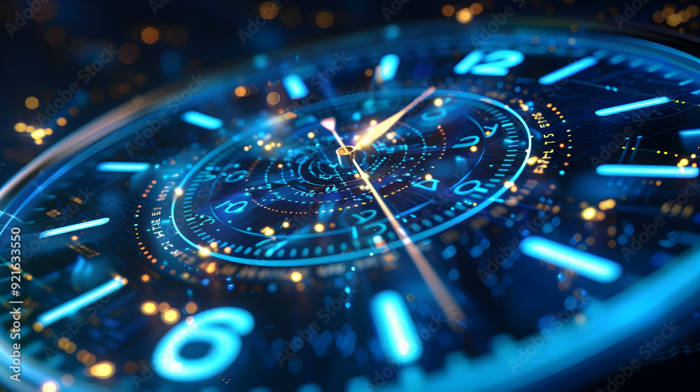 Futuristic Clock Face with Blue Glowing Numbers - 3D Illustration Futuristic Clock Face with Blue Glowing Numbers - 3D Illustration