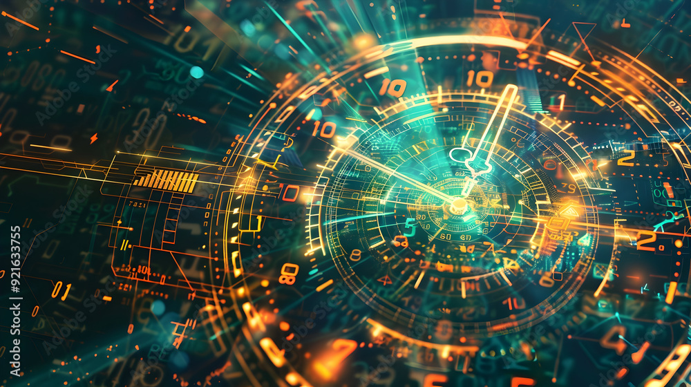 Abstract Clock with Glowing Numbers and Lines Illustration Abstract Clock with Glowing Numbers and Lines Illustration