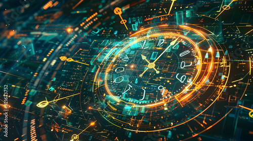 Wallpaper Mural Futuristic Clock with Orange and Teal Glowing Lines - Abstract 3D Background Torontodigital.ca