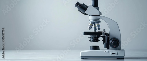 Lab technician using a microscope, white background, natural lighting, copy space