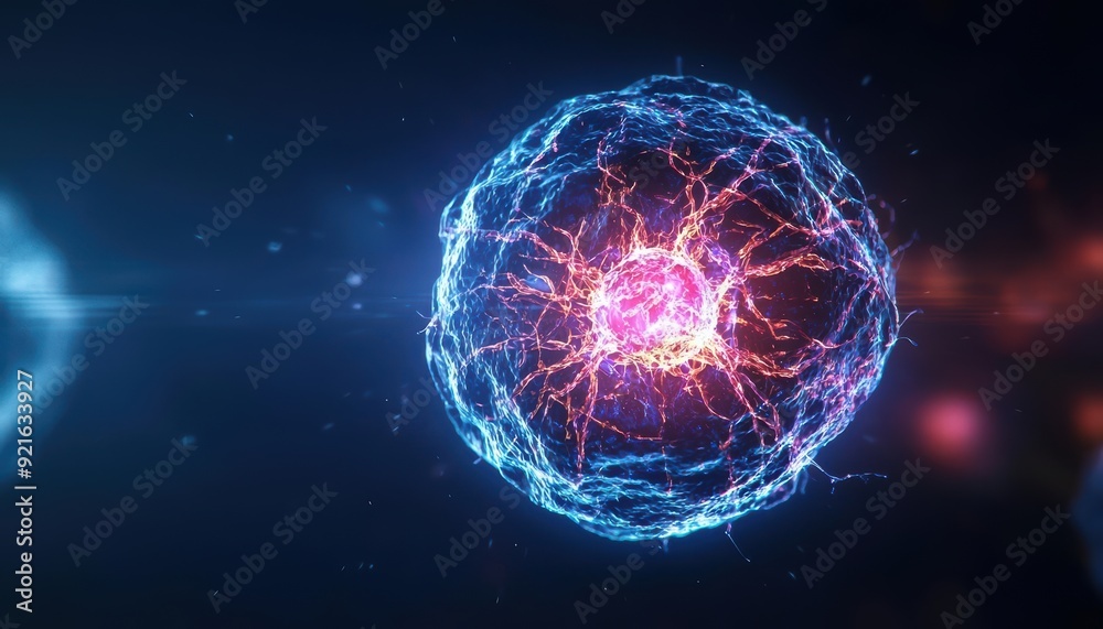 Abstract glowing cell with energy core, futuristic science concept. Abstract glowing cell with energy core, futuristic science concept.