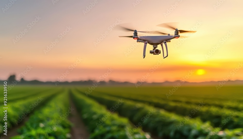 Drone flying over a field at sunset. Drone flying over a field at sunset.