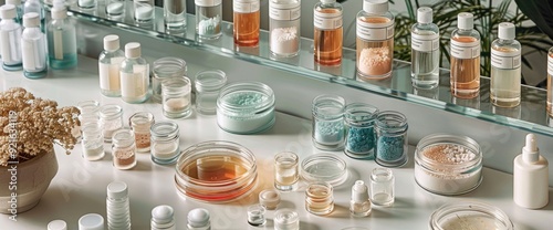 Petri dishes and lab equipment on a clean white surface, natural lighting photo