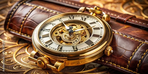 A intricate mechanical chronometer with Roman numerals and ornate details on its white face, surrounded by a luxurious golden case and attached to a leather strap.