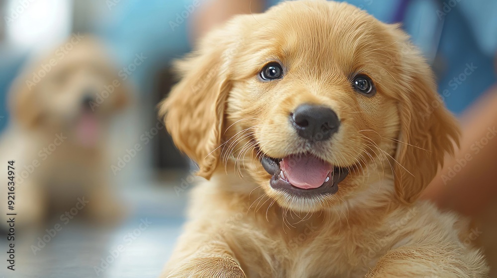 Adorable golden retriever puppy smiling and looking up Adorable golden retriever puppy smiling and looking up