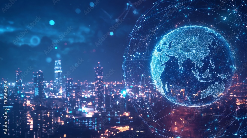 Obraz premium Abstract digital technology background with a glowing global network and connections, an earth globe on a cityscape at night sky.