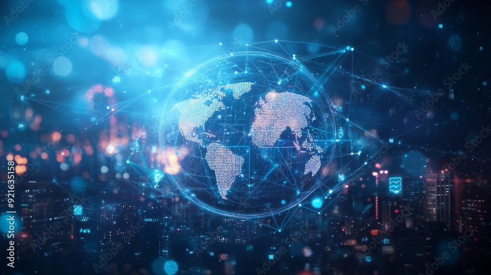 Fototapeta premium Abstract digital technology background with a glowing global network and connections, an earth globe on a cityscape at night sky.