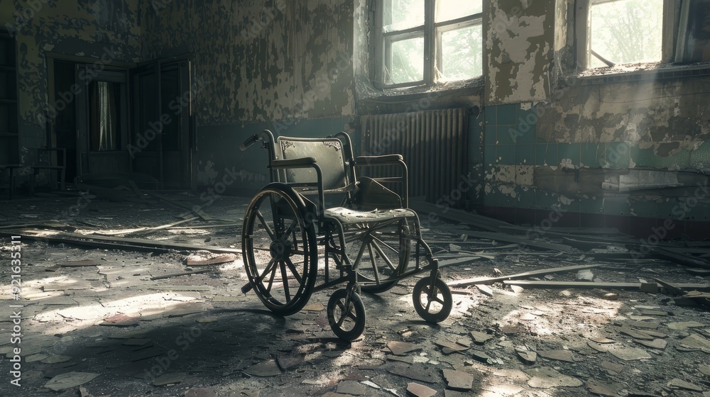 Old derelict wheelchair inside of the abandoned ruined hospital Old derelict wheelchair inside of the abandoned ruined hospital