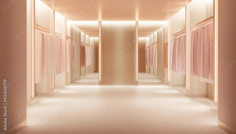 Minimalist pink and white hallway with mirrors and changing rooms.