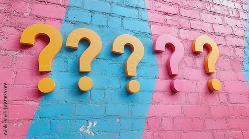 Colorful Question Marks on Vibrant Brick Wall Background with Blue and Pink Paint