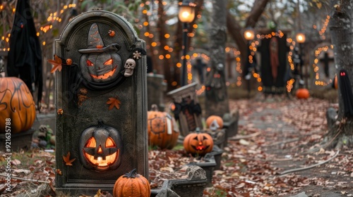 Outdoor Halloween yard decorations with tombstones, pumpkins, and spooky elements. Perfect for creating a haunted graveyard scene. Ideal for festive and eerie ambiance photo