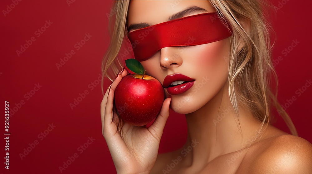 Woman wearing a red blindfold and holding a red apple Woman wearing a red blindfold and holding a red apple