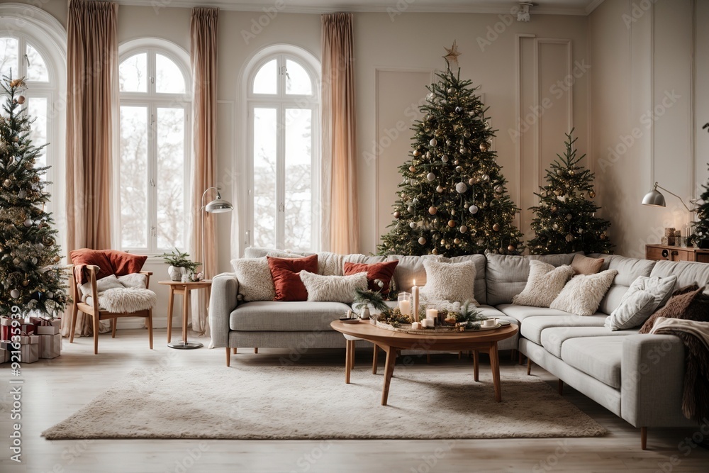 Obraz premium Empty christmas interior of living room. Scandinavian design