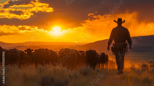 Silhouette of a cowboy walking among cattle at sunset