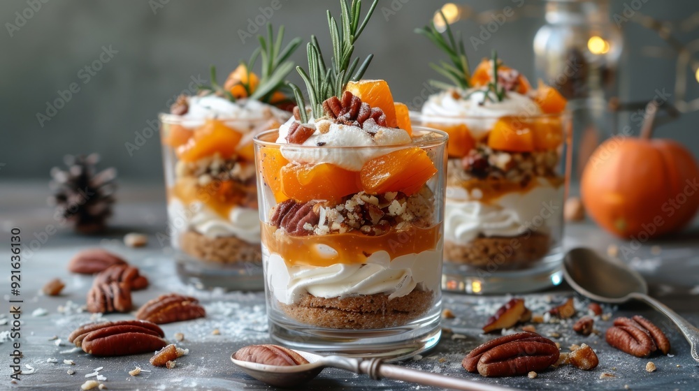 Parfait with persimmon, rosemary, pecan, whipped coconut cream and biscuit. Vegan, sugar, gluten and lactose free. Fruit dessert, cheesecake, trifle, mouse in a glass Parfait with persimmon, rosemary, pecan, whipped coconut cream and biscuit. Vegan, sugar, gluten and lactose free. Fruit dessert, cheesecake, trifle, mouse in a glass