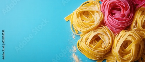 Colorful Assortment of Fresh Tagliatelle Pasta Nests on a Vibrant Blue Background