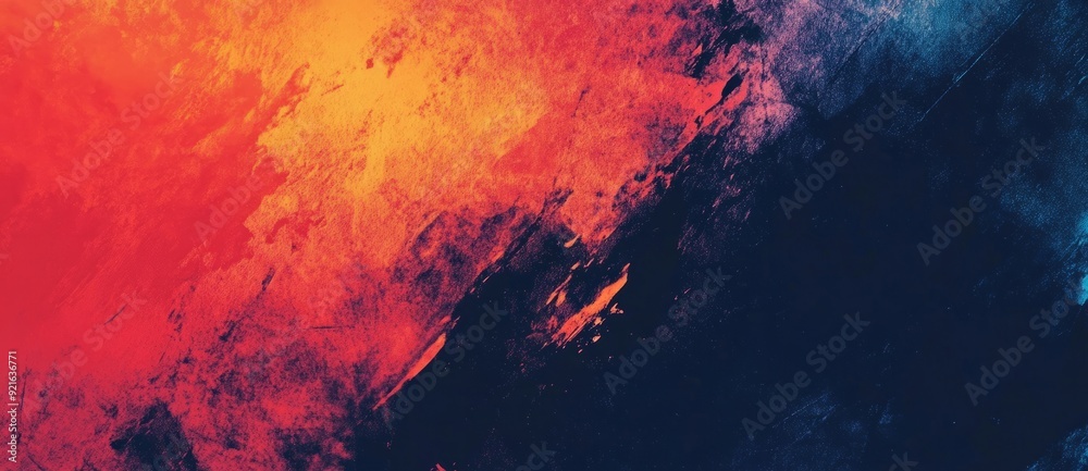 Abstract background with blurred colors, grainy texture and gradient in orange, red, blue and black colors.