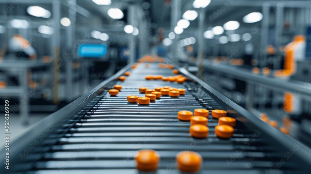 Close-up of orange capsules on a conveyor belt in a modern pharmaceutical factory setting, showcasing production efficiency. Close-up of orange capsules on a conveyor belt in a modern pharmaceutical factory setting, showcasing production efficiency.