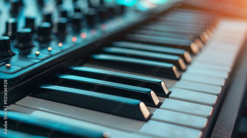 Close-up of piano keys and synthesizer controls, showcasing a blend of classic and modern music technology. Close-up of piano keys and synthesizer controls, showcasing a blend of classic and modern music technology.