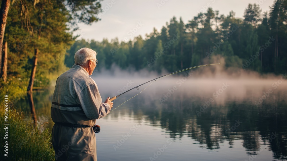 Senior man fishing at dawn by a misty lake surrounded by forest, embracing nature and calmness. Senior man fishing at dawn by a misty lake surrounded by forest, embracing nature and calmness.