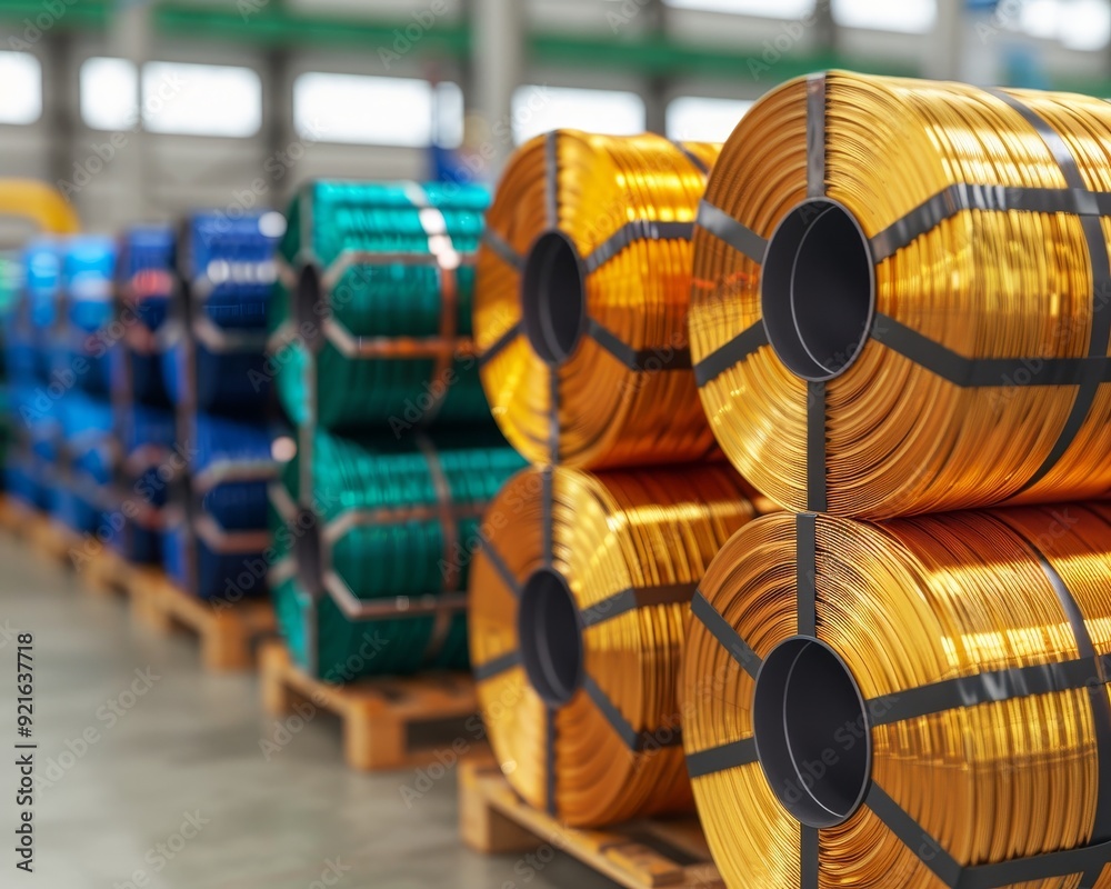 Obraz premium Colorful rolls of wire neatly stacked in a warehouse, showcasing various hues for industrial and electrical applications.
