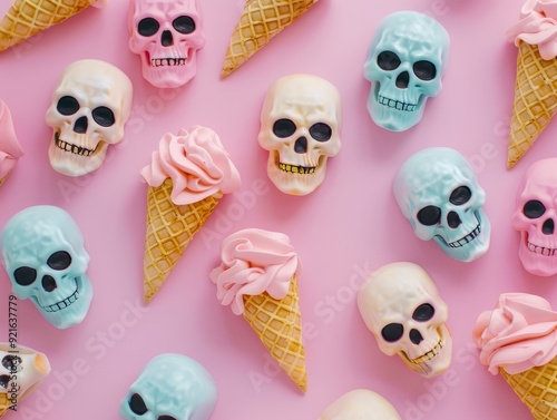 Colorful skulls and ice cream cones create a fun, playful atmosphere perfect for Halloween or party themes.