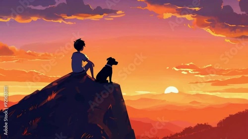 Sad lofi boy sitting on sunset mountain with dog animation