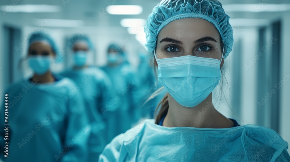 Female surgeon in protective mask standing in operating room Female surgeon in protective mask standing in operating room