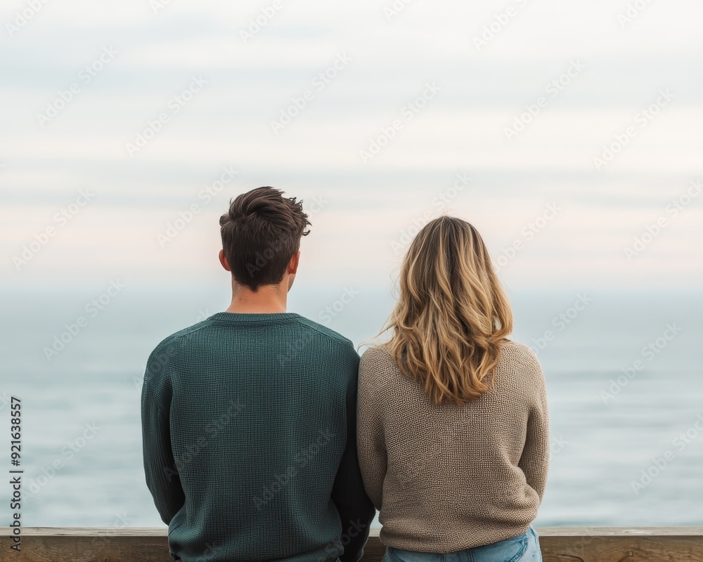 Fototapeta premium Couple enjoying a serene moment by the ocean, gazing at the horizon in a peaceful and romantic setting.