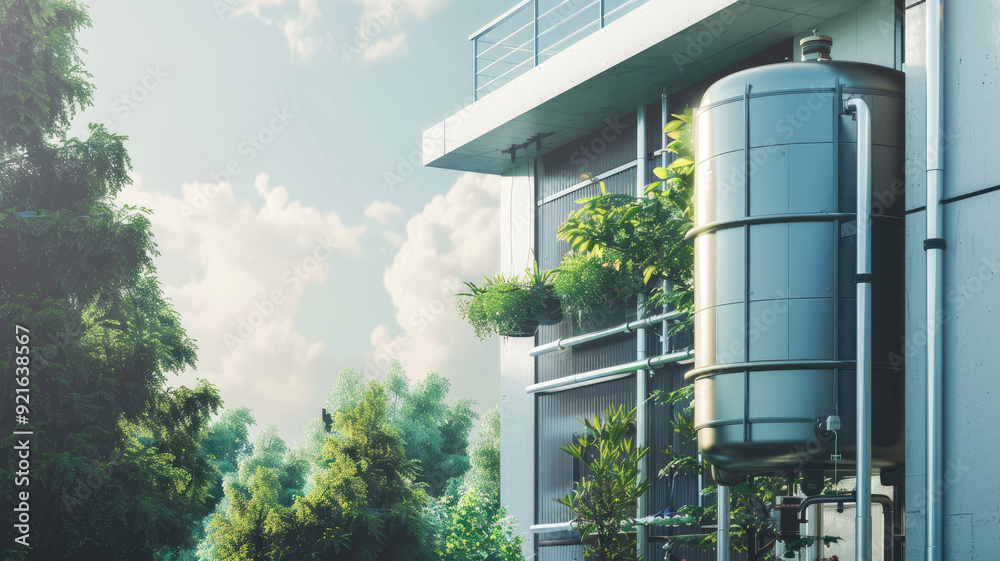 Fototapeta premium Modern building with metal water tank among green plants and trees