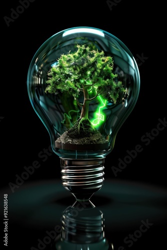 Nature inside a light bulb on a dark blurry background