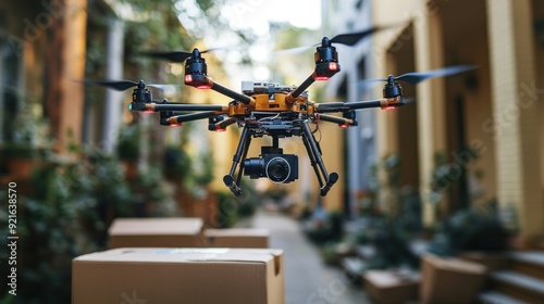 Drone in flight, delivering packages