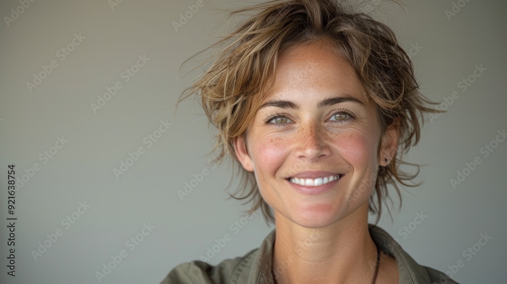 Smiling woman with short hair wearing a casual outfit against a neutral background during daylight Smiling woman with short hair wearing a casual outfit against a neutral background during daylight