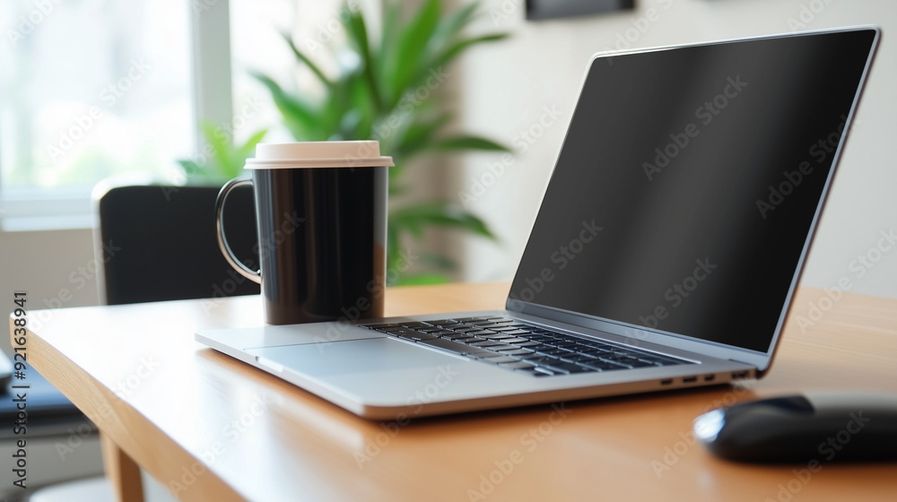 Fototapeta premium modern workspace with a laptop and coffee cup. laptop mockup on the table with coffee cup and plant