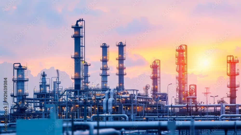 Industrial complex at sunset, showcasing modern infrastructure and energy production with vibrant skies in the background. Industrial complex at sunset, showcasing modern infrastructure and energy production with vibrant skies in the background.