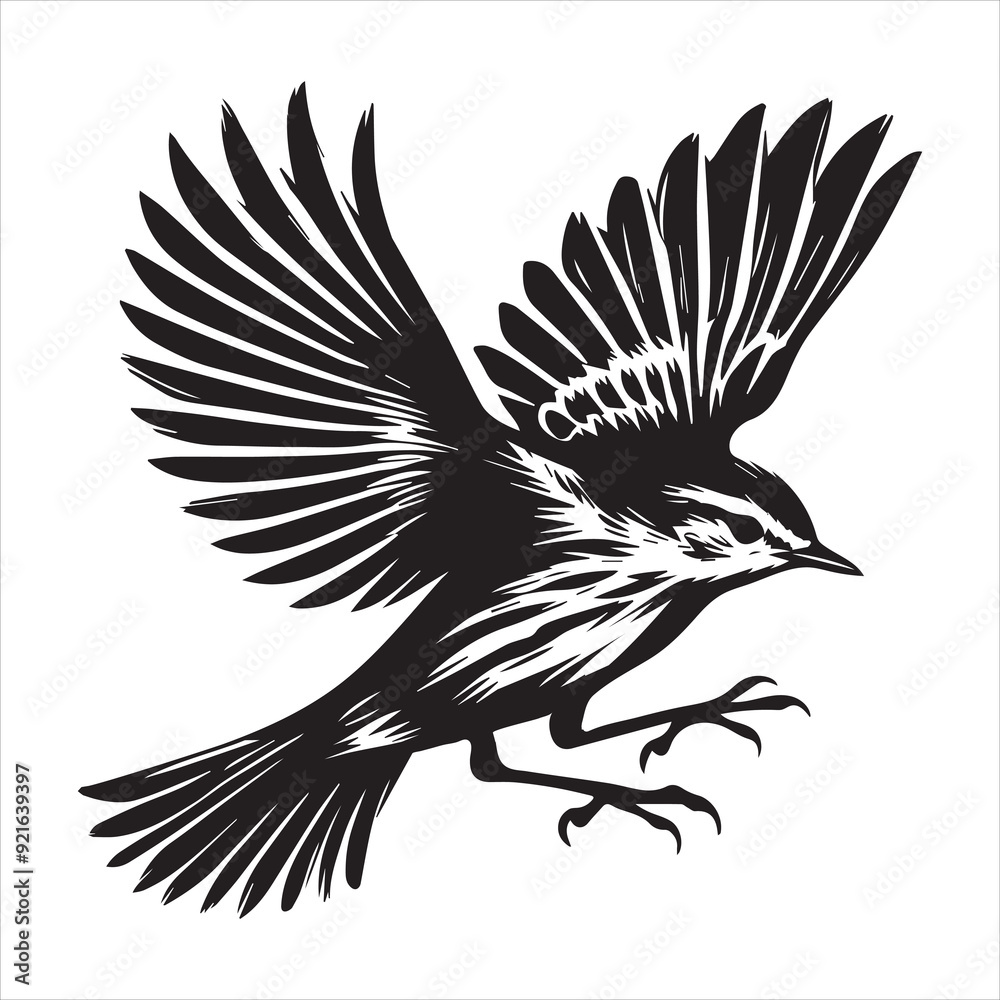 Fototapeta premium Yellow warbler silhouette, Yellow warbler clipart, Yellow Warbler mid-flight illustration in black and white