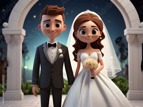 3D Cartoon bride and groom on wedding ceremony