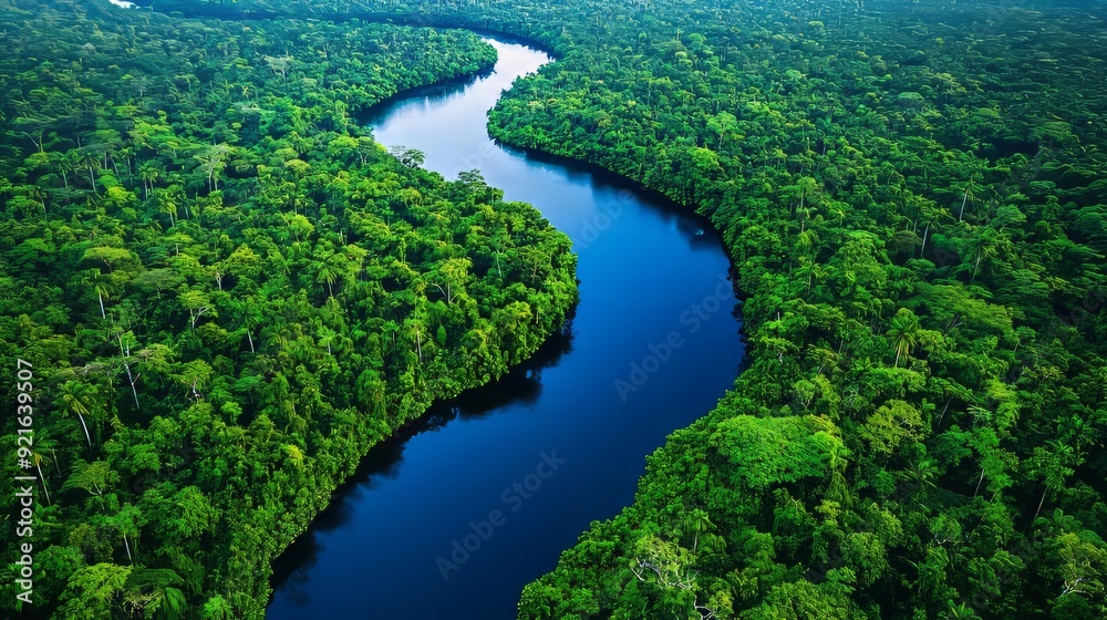 Aerial view of a winding river through lush green forest Aerial view of a winding river through lush green forest