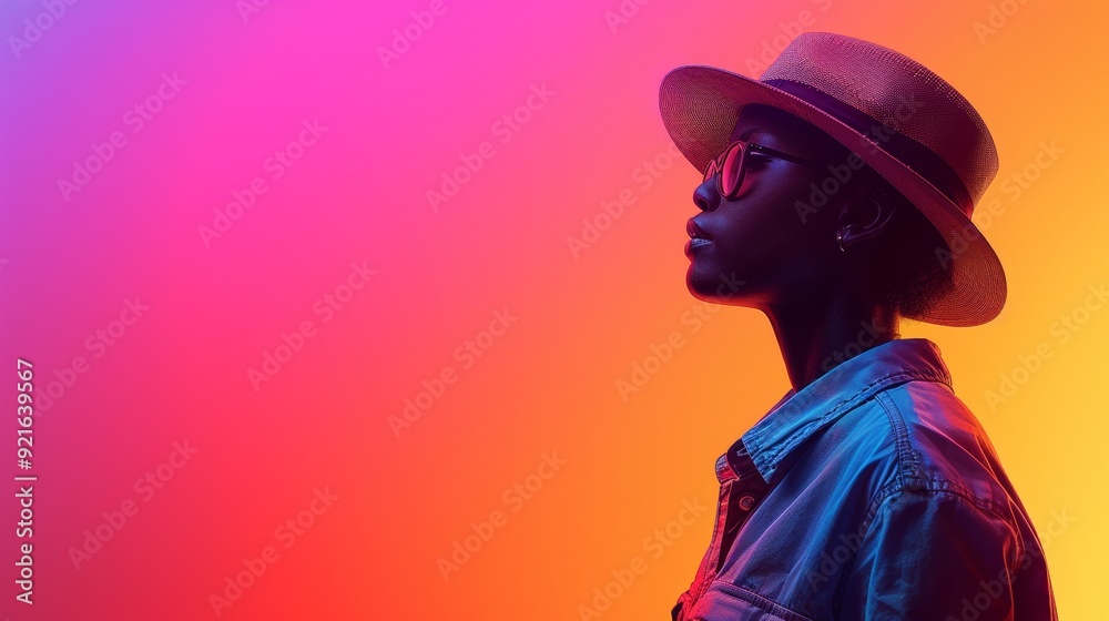 A profile silhouette of a person wearing a straw hat and sunglasses against a vibrant gradient background at dusk A profile silhouette of a person wearing a straw hat and sunglasses against a vibrant gradient background at dusk
