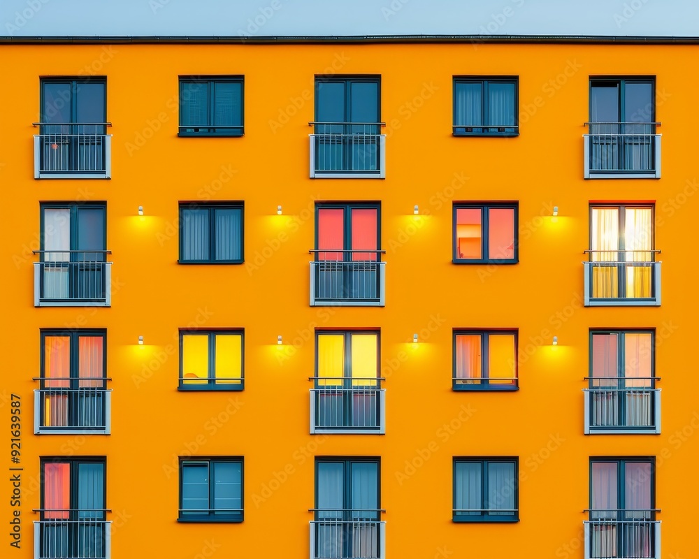 Vibrant apartment facade featuring colorful windows and warm lights, creating a cheerful urban atmosphere at dusk. Vibrant apartment facade featuring colorful windows and warm lights, creating a cheerful urban atmosphere at dusk.