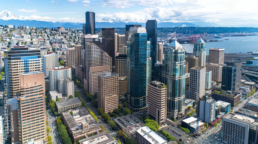 Fototapeta premium From above, the vibrant business center of Seattle comes alive, with sharp focus showcasing its modern architecture and urban character.